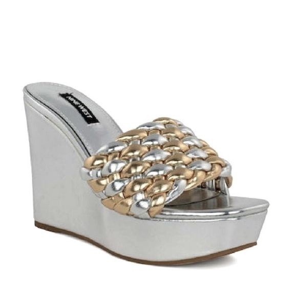 NINE WEST KAT 3 Metallic Silver & Gold Basketweave 4.5” Wedge NWOT Size … - Picture 1 of 11